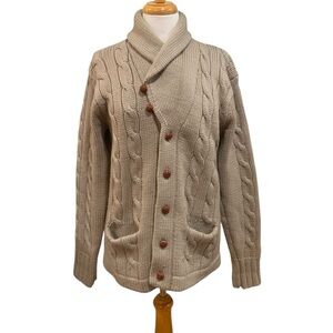 Vntg 80’s Racquet Club 100% wool shawl collar cable knit long sleeved sweater L